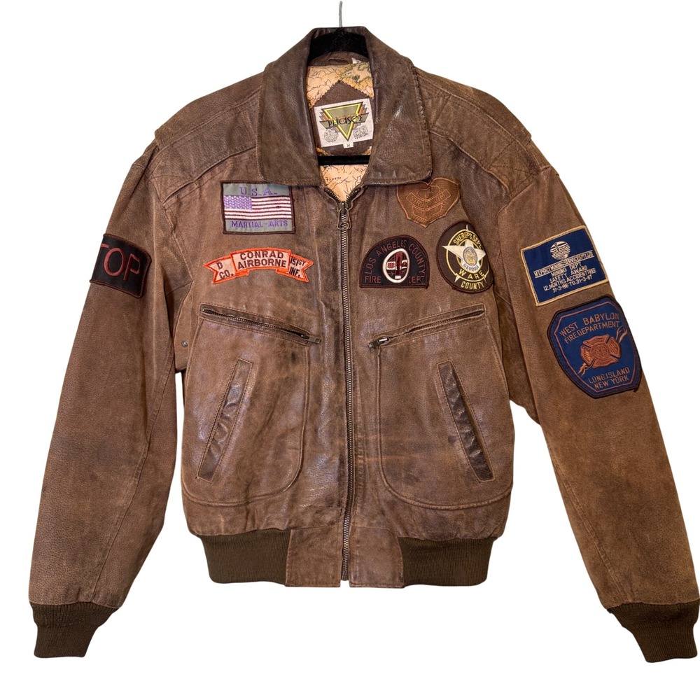 Vintage Phase 2 Brown Leather Bomber Jacket Multi Patch Map Lining Mens Medium